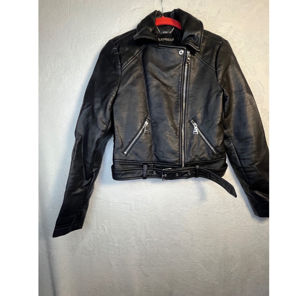 Express Moto Jacket Womens XS Black Faux Leather Cropped Belted Biker Zip Punk